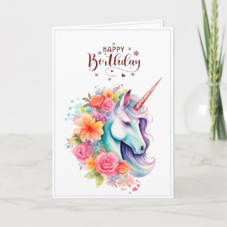 Carte d'anniversaire florale licorne aquarelle