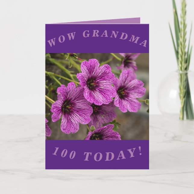 Carte d'anniversaire florale pourpre 100e annivers (Devant)