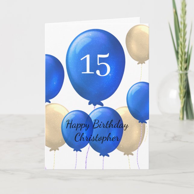 Carte d'anniversaire Gold et Blue Balloons 15e (Devant)