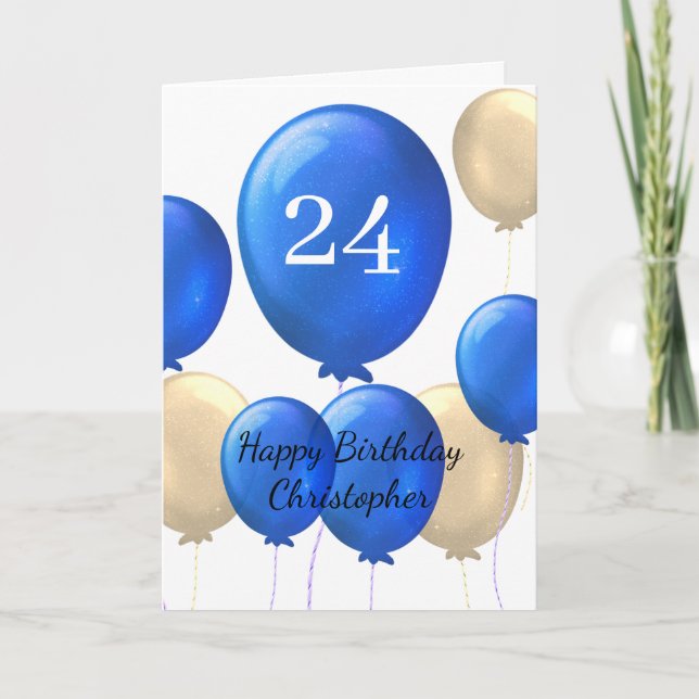 Carte d'anniversaire Gold et Blue Balloons 24th Bi (Devant)