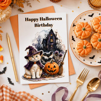 Carte d'anniversaire Halloween Sorcière Chat