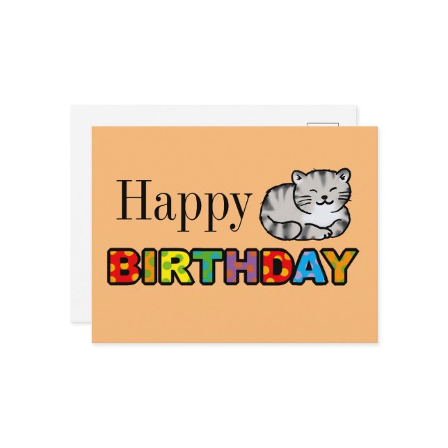 carte d'anniversaire heureuse de chat tigre gris (Devant/Arrière en situation)