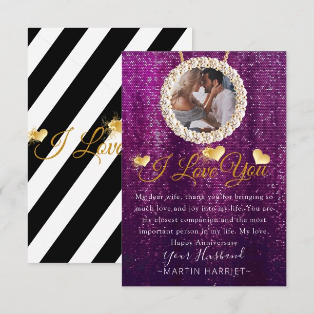 Carte d'anniversaire "Je t'aime" avec photo violet (Devant / Derrière)