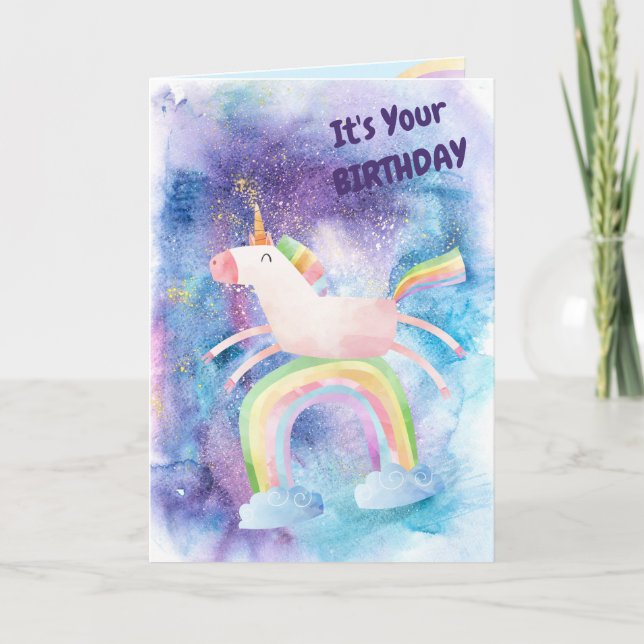 Carte d'anniversaire licorne mignonne au-delà de l (Devant)