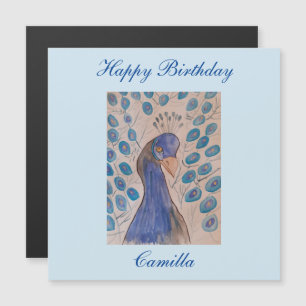 Carte d'anniversaire magnétique bleu Peacock