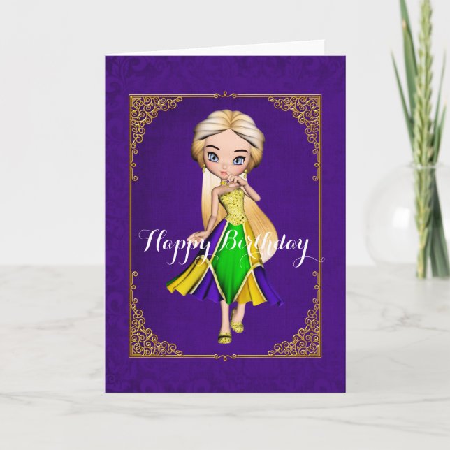Carte d'anniversaire Mardi Gras Girl Purple (Devant)