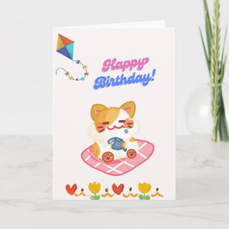 Carte d'anniversaire mignonne chat tenant un poiss