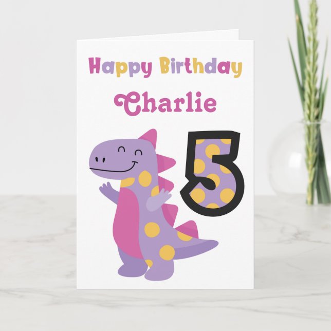 Carte d'anniversaire mignonne Dinosaur 5e (Devant)