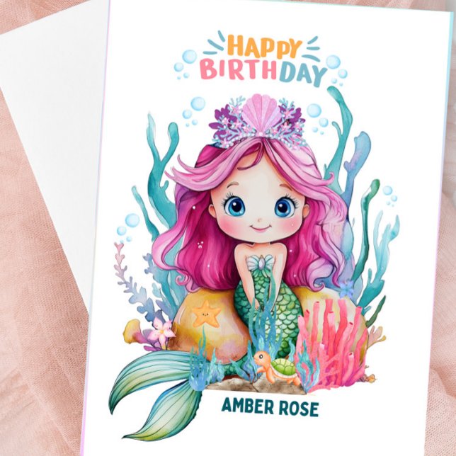 Carte d'anniversaire mignonne rose et bleu sirène  (HAPPY BIRTHDAY - Personalized Mermaid Birthday Card)