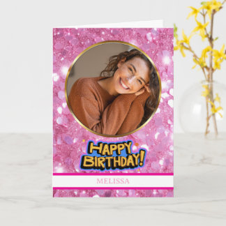 Carte d'anniversaire moderne rose et dorée avec ph