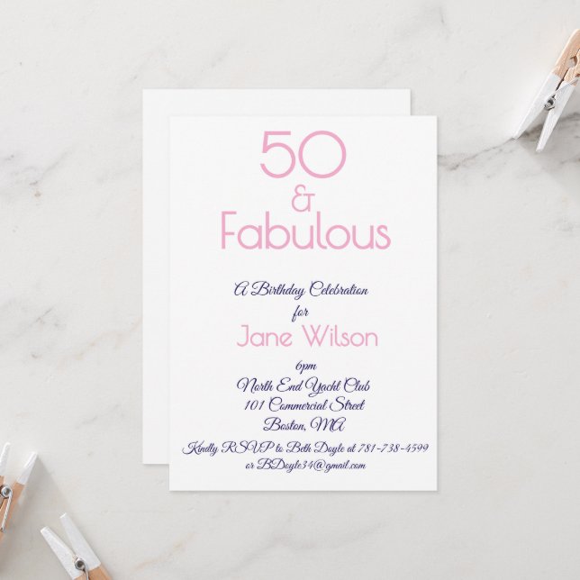 Carte d'anniversaire Moderne Script Rose Navy 50 F (Devant/Arrière en situation)