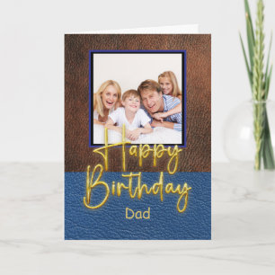 Carte d'anniversaire Papa écriture dorée cuir bleu