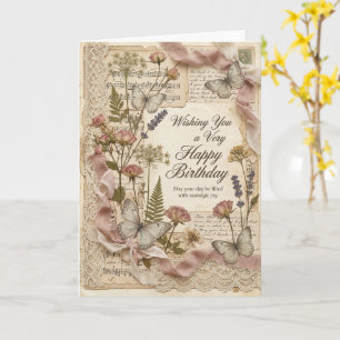 Carte d'anniversaire papillon fleur pressée vintag