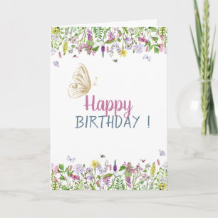 Carte d'anniversaire papillon pailleté or pré chic