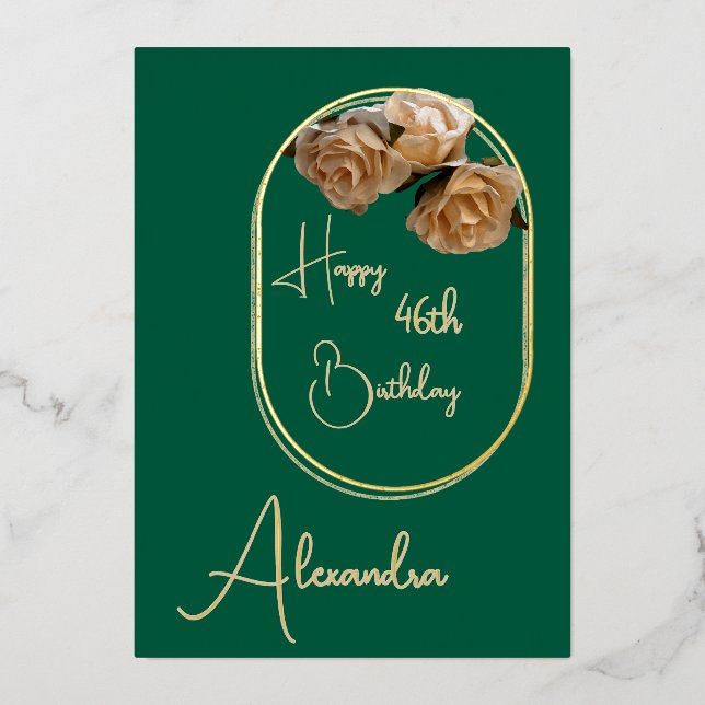 Carte d'anniversaire personnelle verte et or nommé (Recto)