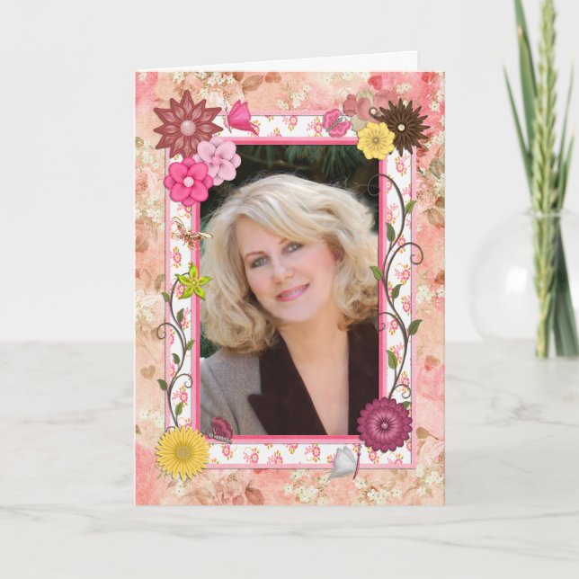 Carte d'anniversaire photo avec cadre de fleurs (Devant)
