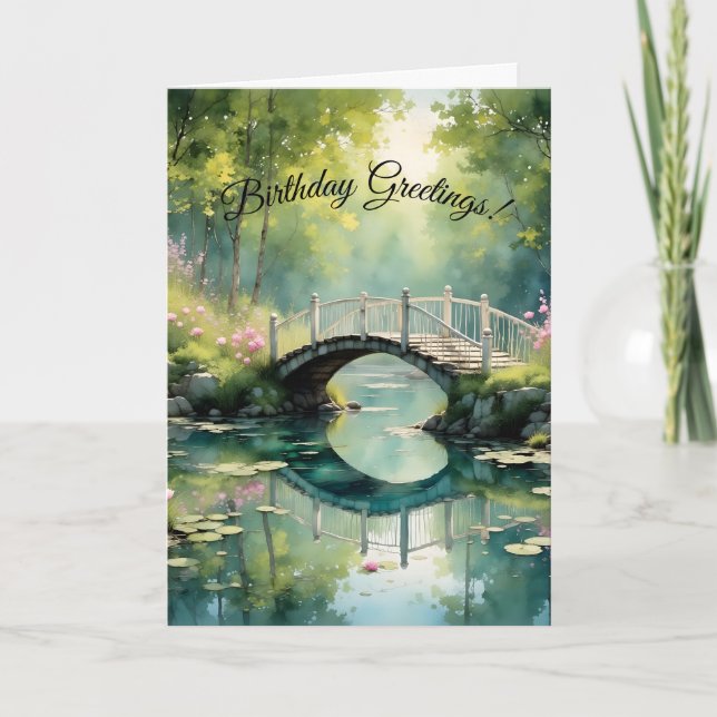 Carte d'anniversaire Pont sur l'étang aux nénuphar (Devant)