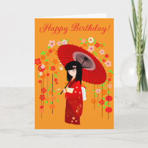 Carte d'anniversaire poupée Kokeshi parapluie roug