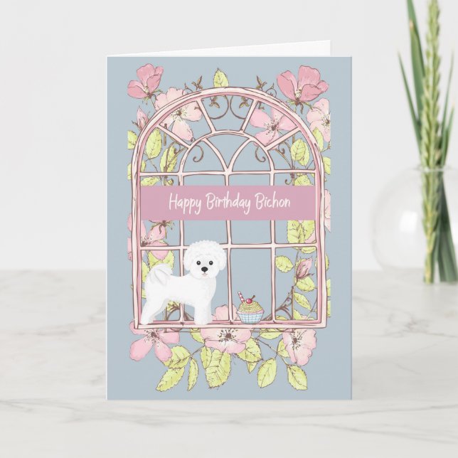 Carte d'anniversaire pour Bichon Dog. Fenêtre flor (Devant)
