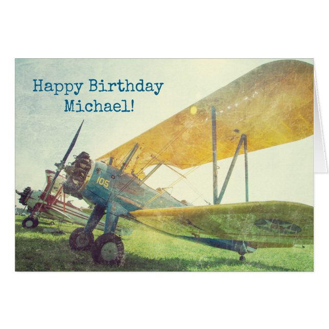 Carte d'Anniversaire "Prévol" Biplane (Devant horizontal)