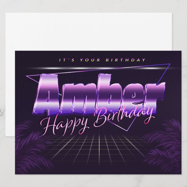 Carte d'anniversaire rétro lila prénom Amber (Devant / Derrière)