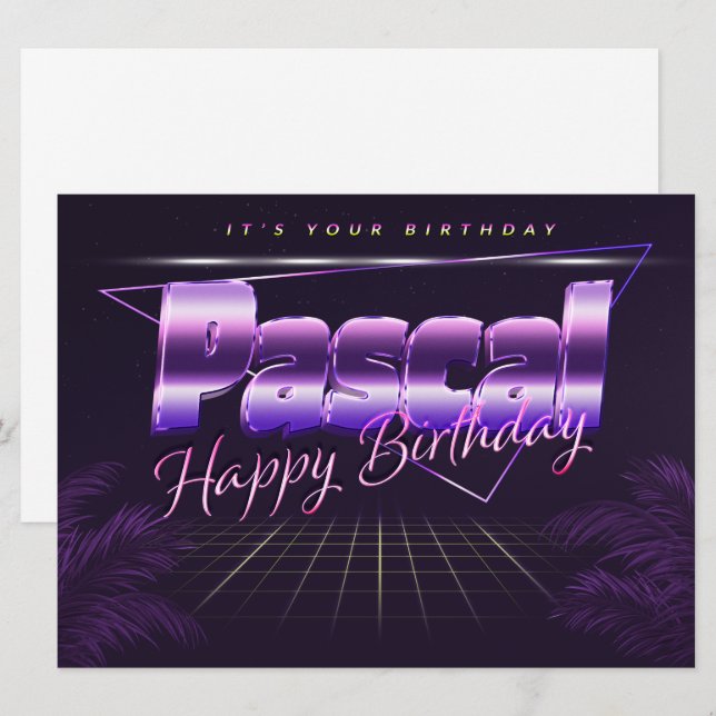 Carte d'anniversaire rétro lilas Pascal prénom nom (Devant / Derrière)