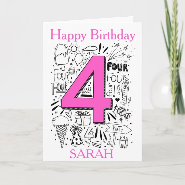 Carte d'anniversaire rose de quatre ans (Devant)