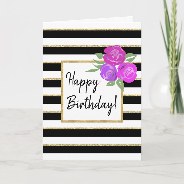 Carte d'anniversaire rose et Black White Gold (Devant)