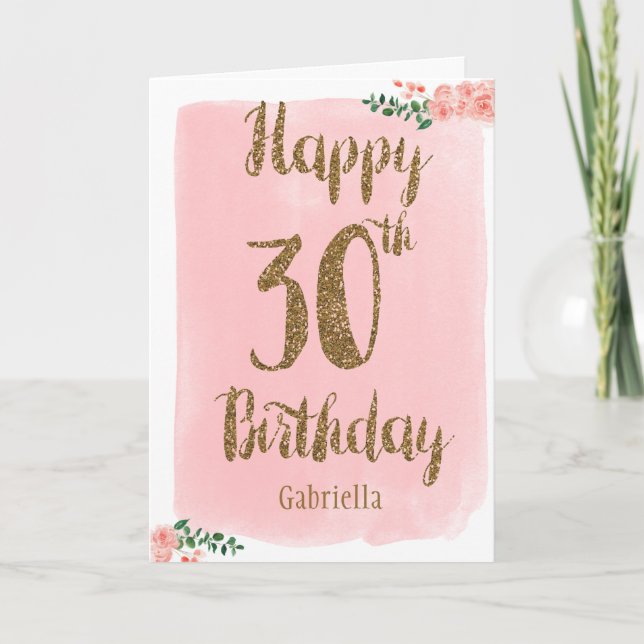 Carte d'anniversaire rose et or joyeux 30e (Devant)