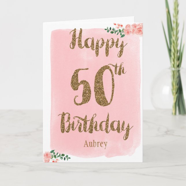 Carte d'anniversaire rose et or joyeux 50e (Devant)