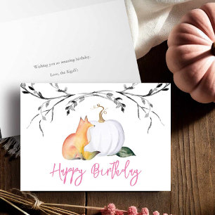 Carte d'anniversaire rose Fox et Citrouille Fall W