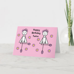 Carte d'Anniversaire Rose Jumeaux Cartoon Girls