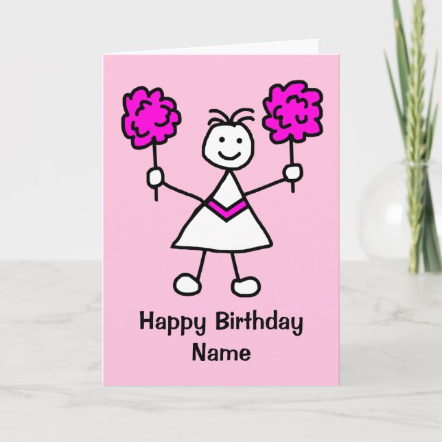 Carte d'anniversaire rose Pom-pom girl fille migno (Devant)