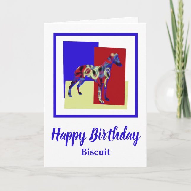 Carte d'anniversaire rouge bleu jaune chien hippet (Devant)