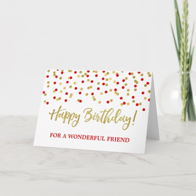 Carte d'anniversaire rouge d'ami de confettis d'or (Devant)