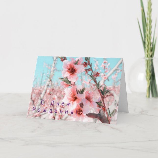 Carte d'anniversaire russe avec fleurs rose (Devant)