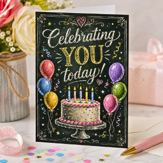 Carte d'anniversaire rustique avec gâteau et ballo