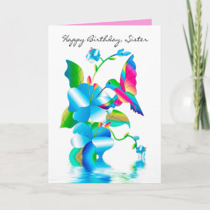 Carte d'anniversaire Sis, Hummingbird & Flowers