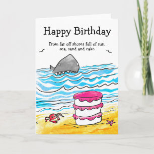 Carte d'anniversaire soleil, mer, sable, requin et