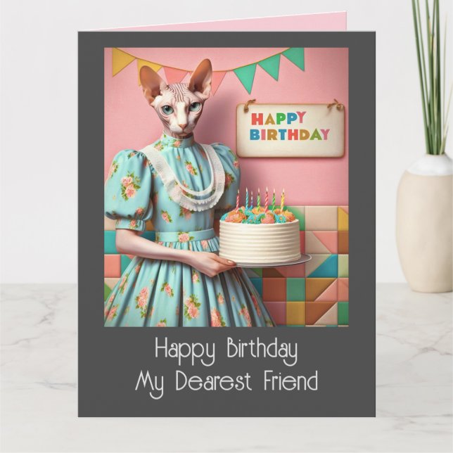 Carte d'anniversaire | Sphynx Chat Lady avec Gâtea (Devant)