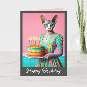 Carte d'anniversaire   Sphynx Chat Lady avec Gâtea