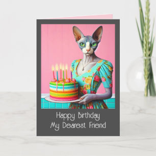 Carte d'anniversaire   Sphynx Chat Lady avec Gâtea