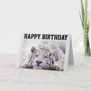 CARTE D'ANNIVERSAIRE TIGRE BLANC, MANGER DU GÂTEAU