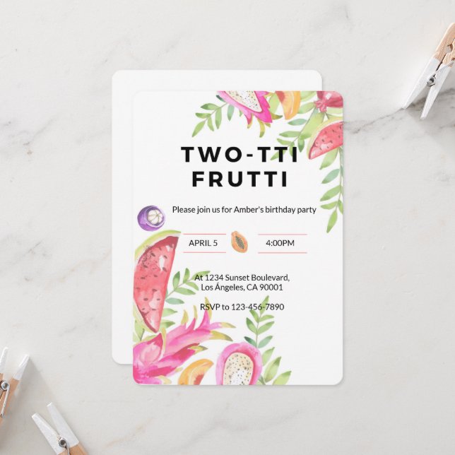 Carte d'anniversaire TWO-TTI FRUTTI pour les 2 ans (Devant/Arrière en situation)