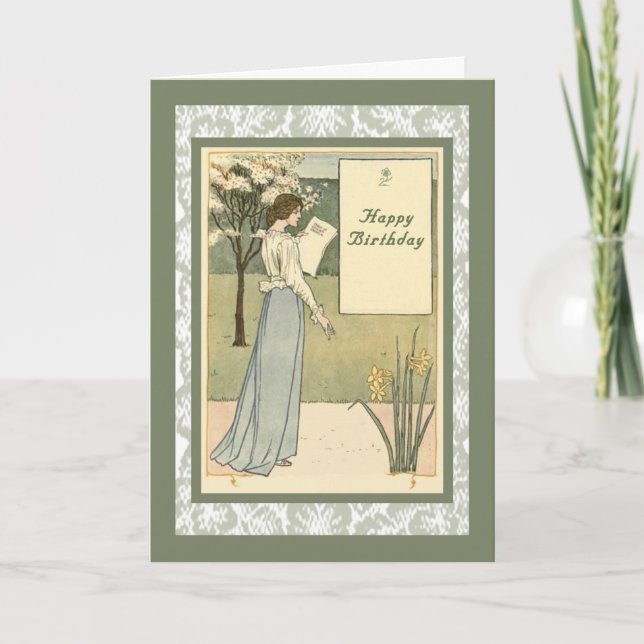 Carte d'anniversaire vintage avec élégante dame (Devant)