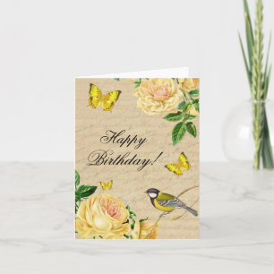 Carte d'anniversaire vintage avec roses et oiseaux