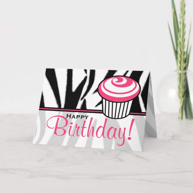 Carte d'anniversaire Zebra Print avec Cupcake rose (Devant)