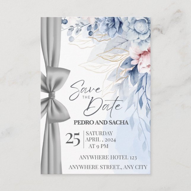 Carte d'annonce de mariage à motif floral bleu élé (Devant)
