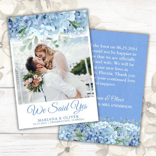 Carte d'annonce de mariage aux hortensias bleus fl