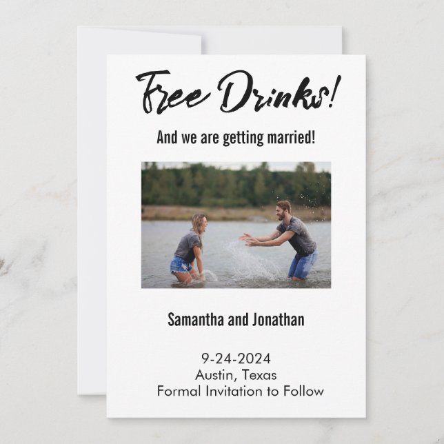 Carte d'annonce de mariage drôle avec boissons gra (Devant)
